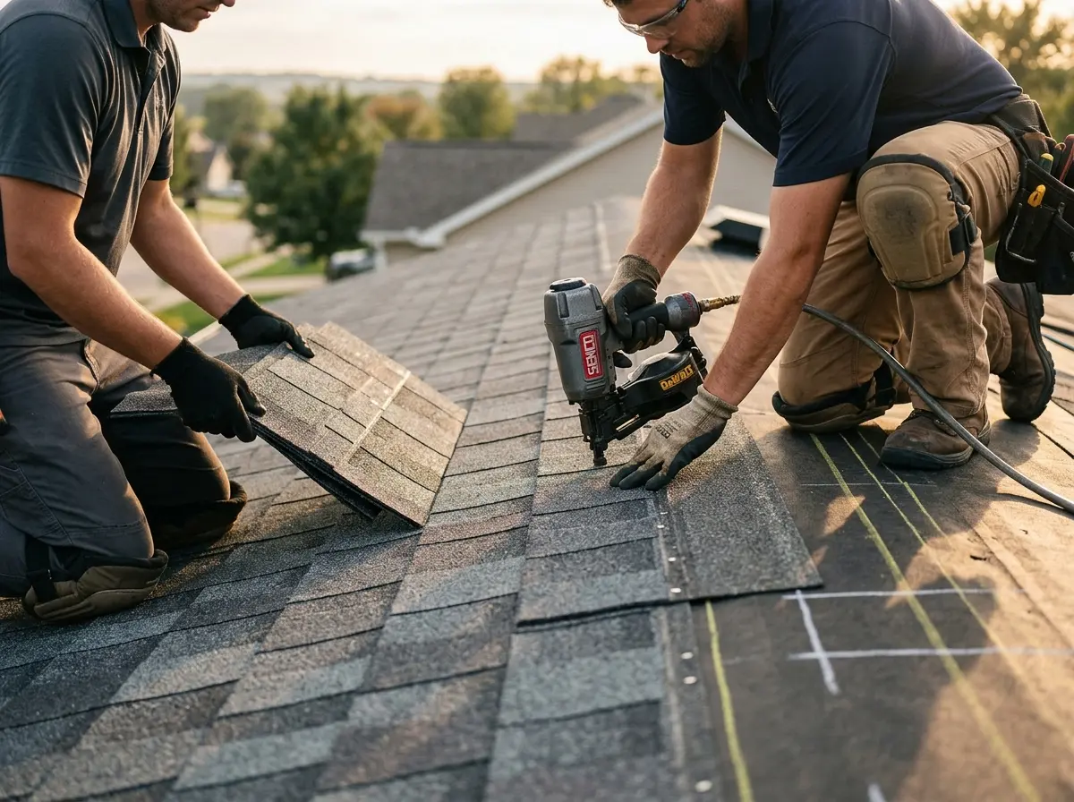 Professional roofer working on a residential roof in Cambria